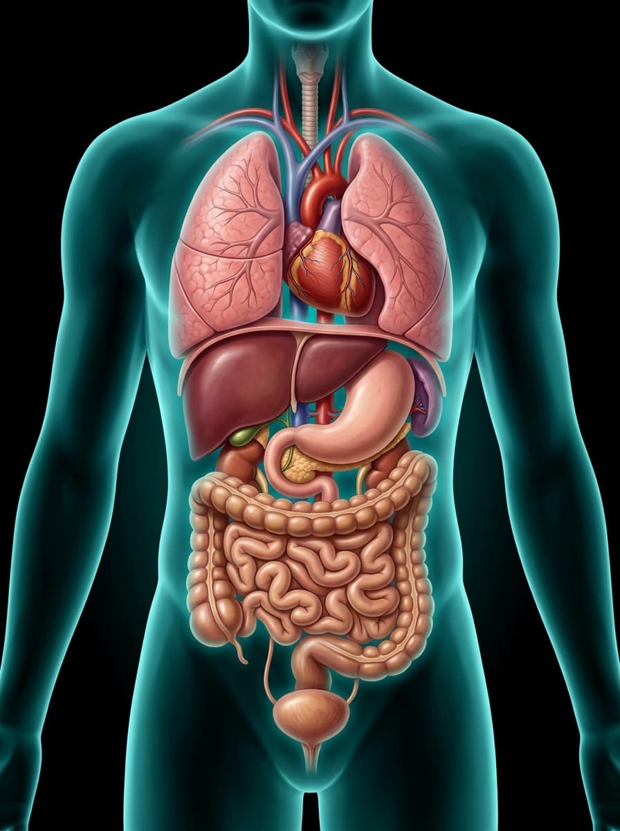 Translucent 3D human body showing the internal organs glowing on their daily rhythm